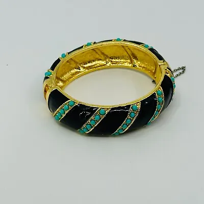 J. Crew Bangle Bracelet Blue Enamel Beaded .75  Wide Gold Tone Safety Chain • $24.95