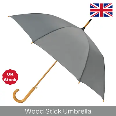 Grey Unisex Umbrella For Men And Women Walking Automatic Open Wood Brolly • £14.99