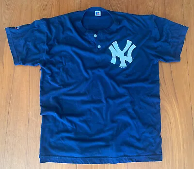 New York Yankees Men’s Baseball Henley Size Large VINTAGE Russell MLB Navy Blue • $29.99