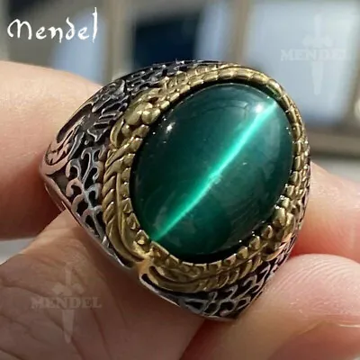 MENDEL Mens Gold Plated Green Cats Eye Stone Ring Men Stainless Steel Size 7-15 • $20.99