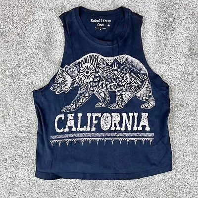 Rebellious One California Crop Muscle Shirt Sz S Womens Black Graphic Cotton Top • $12.74