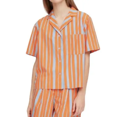 Marimekko Uniqlo Blue Orange Vertical Stripe Cotton Short Sleeve Button Up Shirt • $17.99