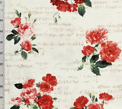 Symphony Rose Cotton Fabric Andover Music Notes Staff Red Green Cream • $3.90