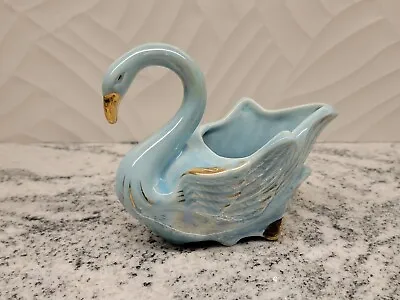 Vintage USA Pottery Blue Swan Planter MCM Iridescent With Gold Accents 4.5  Tall • $20.99