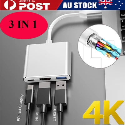 $5.25 • Buy Type C To USB-C HDMI USB 3.0 Adapter Converter Cable 3 In 1 Hub For MacBook Pro