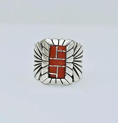 Chester Benally Navajo Coral Inlay Sterling Silver Gent's Ring Size 9-3/4 • $225