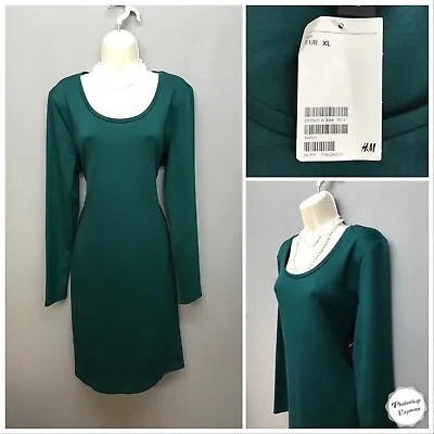 NEW H&M Green Mix Stretchy Curve Jersey Dress XL Smart Bodycon • £13.95