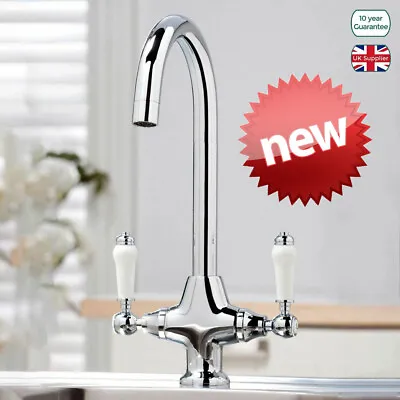 Traditional Swivel Twin Lever Kitchen Sink Mixer Taps Chrome Monobloc Basin Tap • £29.88