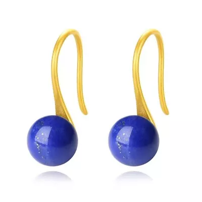 Natural 8.5mm Lapis Lazuli Hoop Earrings 14k Yellow Gold Plated Solid Silver • $56.80