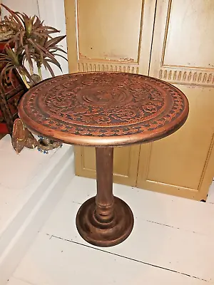 Indian Hand Carved Mango Wood Table In Distressed Copper/bronze Finish • £64.99