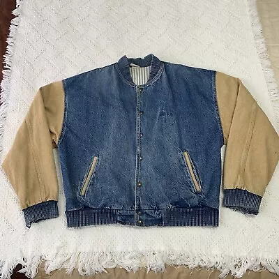 VINTAGE Jeep Jacket Adult L Blue Denim Jean Trucker Varsity Distressed Cuffs • $79