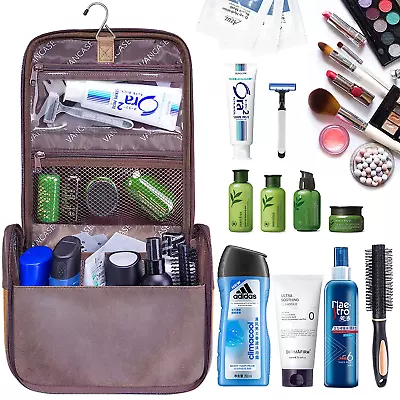 Hanging Vintage Leather Travel Toiletry Bag Shaving Dopp Kit Men Shaving Case • $30.90