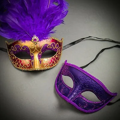 Men's Womens Couple Masquerade Masks Set For Party Feather Venetian Mask Purple • $11.90