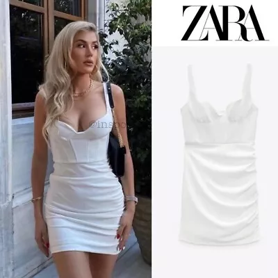 Zara Off White Summer Dress Size 6 XS Corset Inspired Ruffles Bodycon 2994/332 • £16.99