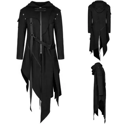 Mens Goth Medieval Trench Coat Punk Hooded Long Sleeves Belted Zip Cloak Jacket • $34.13