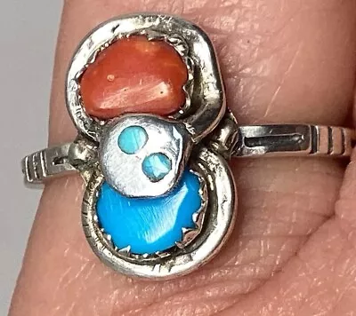 Vintage Zuni Snake Ring Coral Turquoise Sterling Silver Signed Sz 7.5 • $40