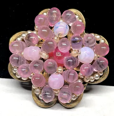 Miriam Haskell Signed Brooch Rare Vintage Gilt Pink Purple Glass 2  Pin A12 • $324