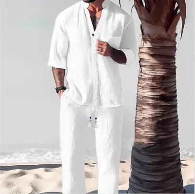 Men Linen Outfit 2-Piece Set Half Sleeve Button Shirt And Pants Sweatsuit Set • $28.98