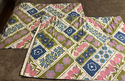 Vintage 1960s Cotton Spring Flower Power  Curtains Panels PAIR Repurpose 25x70  • $16.99