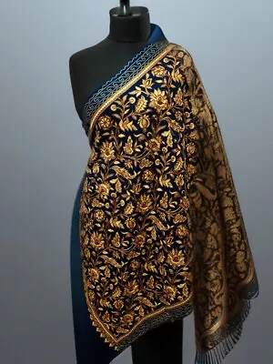 Luxurious Kashmiri Embroidery Shawl Scarf Wrap Stole Hijab Fine Wool Navy Blue • £20