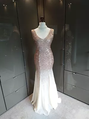 £29.99 • Buy Ivory Rose Gold Sequin Goddiva Long Evening Dress 10 Cruise Formal Cocktail