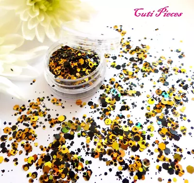 Nail Art Glitter *Bumble Bee* Gold Black Hexagon Holographic Spangle Mix Pot  • £2.35