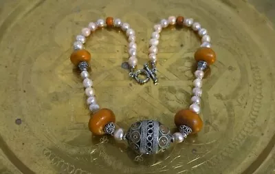 Moroccan Berber Necklace Freshwater Pearl Necklace Handmade Resin Amber • $89.96