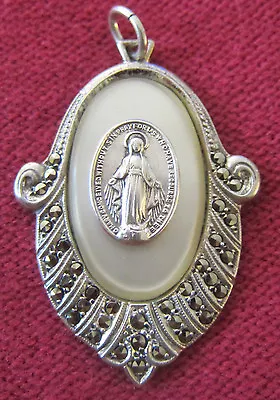 Antique Catholic Religious Medal - PEARL / MARCASITE / STERLING - Miraculous  • $74.99