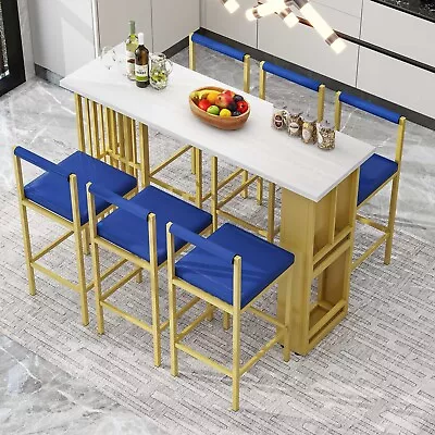 7 Piece Bar Table Set Counter Height Kitchen Table With 6 Dining Chairs Blue • $499