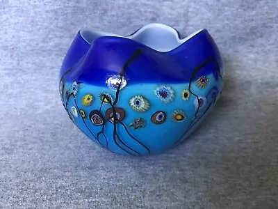 Hand Blown Art Glass Millefiori Ruffled Bowl Dish Blue Royal Aqua • $19.99