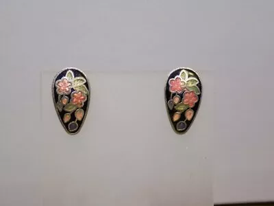 J212-vintage Pierced Earrings~black/floral Enameled~1/4  • $7