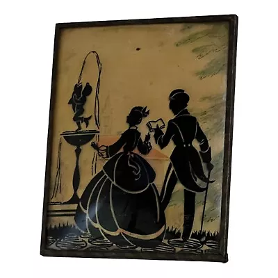 Vintage Victorian Courting Couple Fountain Color Silhouette Picture Convex Glass • $32.49