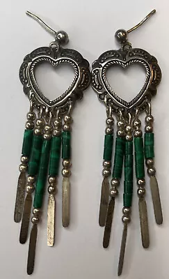 VTG Sterling 925 QT Quoc Navajo Heart Dangle Fringe Malachite Concho Earrings • $46.95