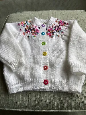 New Hand Knitted Girls White Cardigan With Rainbow Flowers Yolk Size 2-3 Years • £19.50