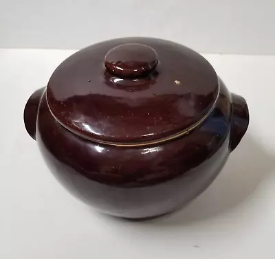 Bean Pot Vintage Made In USA Boston Baked Bean Brown Crock Double Handle Lid • $21