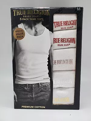 TRUE RELIGION 5-Pack Mens Medium Large XL White Premium Cotton Logo Ribbed Tanks • $29.95