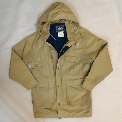 Vintage Woolrich Rain Jacket Mens Small Tan Chore Coat Utility Made In USA • $38.99