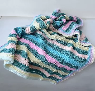 Hand Knitted Blanket Baby Acrylic Yarn Green Pink Yellow Peach Blue Pastel • £15.90