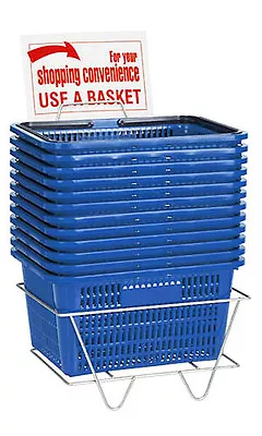 Shopping Baskets Set Of 12 Blue Standard Plastic Handles W/ Metal Stand • $120.97