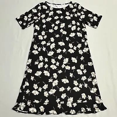 J Jill Dress Womens Medium M Black Floral Jersey Knit Midi Ruffle Hem Pockets • $29.97