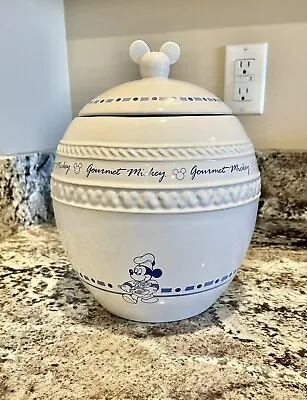 Disney Attractions Vintage Gourmet Mickey Mouse Ceramic Cookie Jar Blue White • $34.95