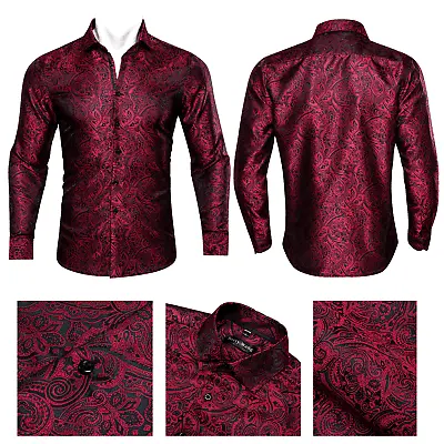 Red Blue Mens Long Sleeve Shirts Silk Floral Casual Tops Burgundy Slim Fit Shirt • $19.99