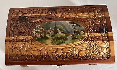 Vintage Carved Wooden Keepsake Footed Jewelry Box With House In Woods Scene • $19.99