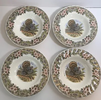 SET OF 4 Myott Churchhill Thanksgiving Wildlife Turkey Scene-Rimmed Bowls 8 3/4” • $47.99