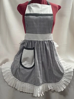 £26.99 • Buy RETRO VINTAGE 50s STYLE FULL APRON / PINNY - GREY & WHITE GINGHAM With WHITE TRI