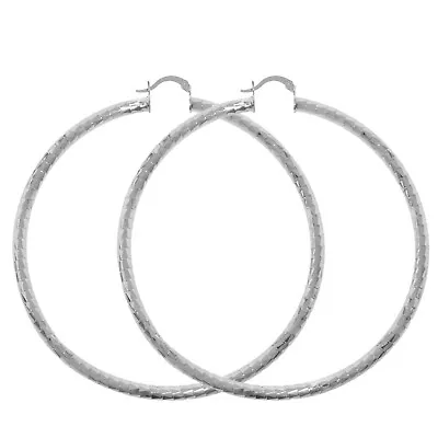 Women's Silver Finish Extra Large Round 4mm Diamond Cutting Hoop Earrings 80mm • $12.95