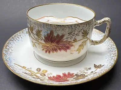 Antique AK Limoges France Mustache Cup Mug Saucer Hand Painted Floral Gold Ornat • $45