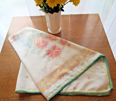 Vintage Print Lightweight Damask Tablecloth Topper Cabbage Roses Crochet Trim • $16.99