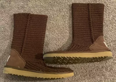 Women's UGG Classic Cardy Crochet Knit Pull On Brown Boots Size 7 S/N 5857 • $29.99