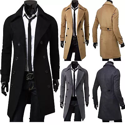 Men Winter Wool Trench Coat Double Breasted Long Jackets Warm Outwear Overcoat • $58.27
